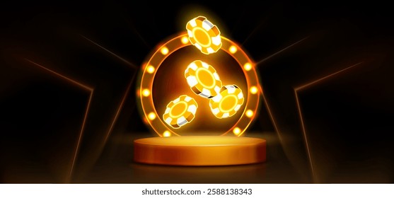 Neon poker chips flying above yellow stage on black background. Vector realistic illustration of gambling app banner with round podium and bright illumination, betting platform ads, vip slots club