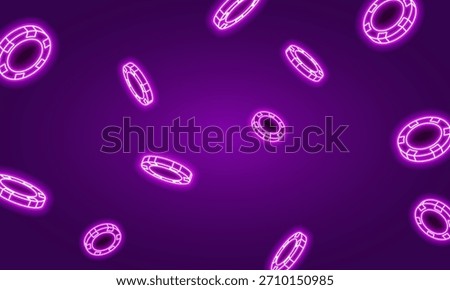 Neon poker chips on dark background. Bright glowing chips for casino and poker. Vector illustration.