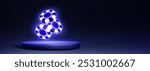 Neon poker chips on round platform background. Vector realistic illustration of blue and white 3D tokens for playing casino games, online betting platform presentation, gambling website design element