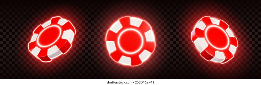 Neon poker chips set isolated on transparent background. Vector realistic illustration of red and white 3D tokens for playing casino games, online betting platform, gambling website design elements