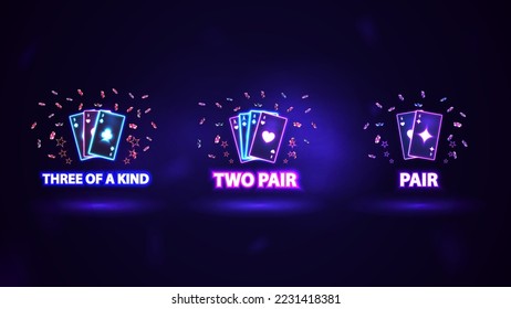 Neon poker hand rankings combination symbols made with pink and blue shine neon casino playing cards