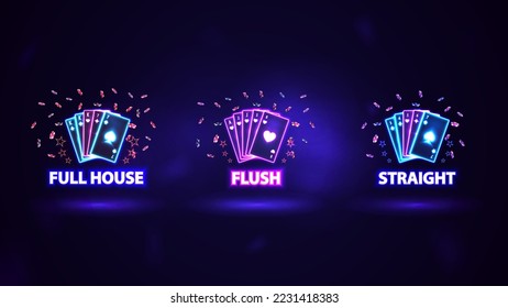 Neon poker hand rankings logos set. Pink and blue shine neon casino playing cards with poker chips