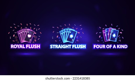 Neon poker hand rankings signs. Pink and blue shine neon casino playing cards