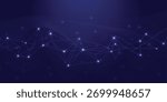 Neon polygon network on dark blue background with glowing nodes and connected lines; data, AI, blockchain and IoT technology banner, copyspace