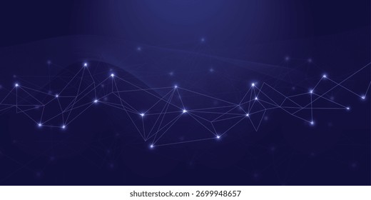 Red de polígono de neón sobre fondo azul oscuro con nodos brillantes y líneas conectadas; datos, IA, Anuncio de tecnología blockchain e IoT, copyspace