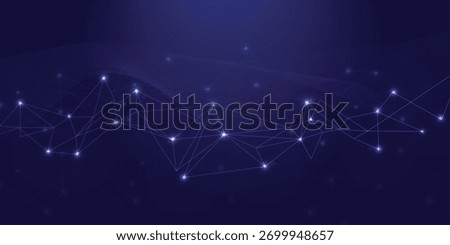 Neon polygon network on dark blue background with glowing nodes and connected lines; data, AI, blockchain and IoT technology banner, copyspace
