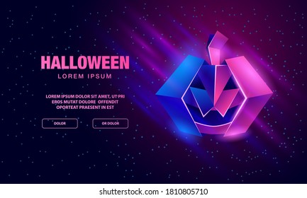 Linterna de calabaza poligonal neón con luces fluorescentes borrosas. Plantilla de banner de Halloween con bajo cráneo de polilla.