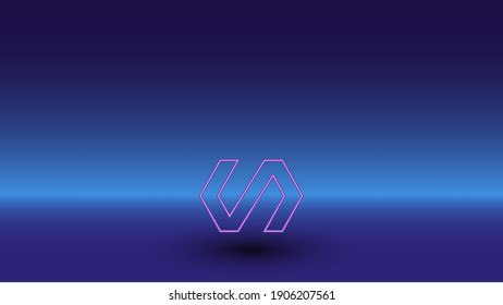 Neon polymer symbol on a gradient blue background. The isolated symbol is located in the bottom center. Gradient blue with light blue skyline