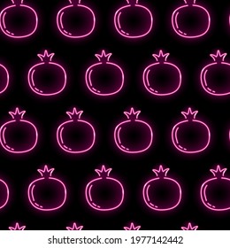Neon pomegranate seamless pattern with pink garnet fruits icons on black background. Summer, tropical, fresh juice concept. Vector illustration 10 EPS.