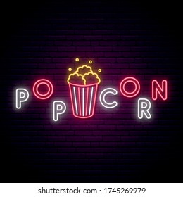 Neon Popcorn sign. Bright glowing Popcorn emblem. Snack icon. 