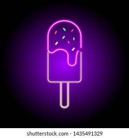 neon popsicle ice cream icon with multicolored dressing on top on background