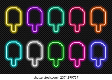 Neon popsicle icon set. Glowing coloful ice cream eskimo with stick . Summer shape action button UI elements for cafe. Purple, blue, pink, yellow, green, red text boxes. Vector illustration.