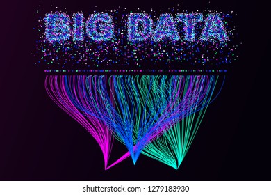 Neon poster. Big data visualization network. Futuristic infographics, 3d wave, virtual flow, digital sound, music. Vector abstract colorful neon poster.