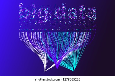 Neon poster. Big data visualization network. Futuristic infographics, 3d wave, virtual flow, digital sound, music. Vector abstract colorful neon poster.