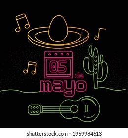 Neon poster of cinco de mayo. Hat, cactus and guitar - Vector