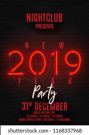 Neon Poster For Happy New Year Party. Retro Neon Red Billboard On Brick Wall. Concept Of Holiday Flyer With Glowing Text. Vector Illustration. Invite To Nightclub.