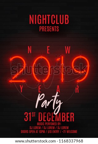 Neon poster for Happy New Year party. Retro neon red billboard on brick wall. Concept of holiday flyer with glowing text. Vector illustration. Invite to nightclub.
