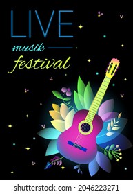 Neon poster for the night festival of live music. Neon guitar on a black background. Vector graphics
