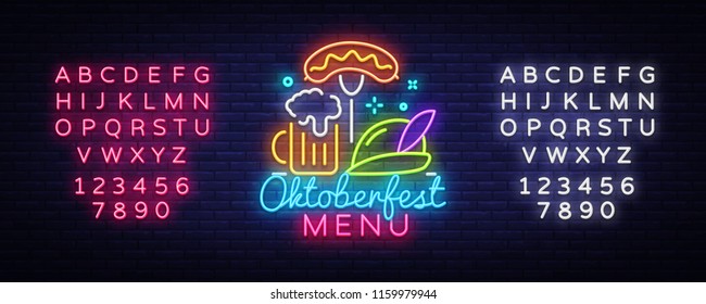 Neon Poster to oktoberfest festival vector. Oktoberfest Menu Neon Sign vector engraving illustration for invitation to party. Design Template, light banner. Vector. Editing text neon sign