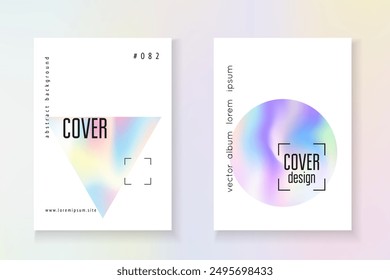 Afiche de neón. Diseño plástico. Lámina mínima. Vector de cristal. Etiqueta de color violeta. Ilustración de prisma colorido. Textura arcoiris. Póster de neón púrpura
