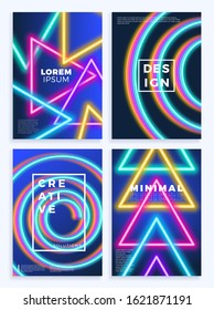 Neon poster retro design. cyber pattern Futuristic Background. Set of Flyer or cover template. Shapes, motion, abstract, geometric vector illustration for music party invitation, minimalist banner.