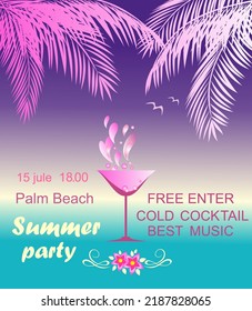 Neon poster for summer beach party invitation with coconut palm leaves, martini wineglass, frangipani flowers on sunset