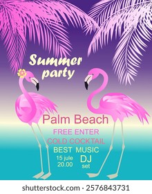 Neon poster for summer beach party invitation with coconut palm leaves and pink flamingo pair on sunset