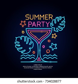 The Neon Poster Summer Party. Advertising Travel On Vacation To The Sea. Vector Illustration On Black Background.