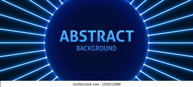 Neon powerful beams creates a circular area in the center for your text, copy space. Modern Blue vector background.