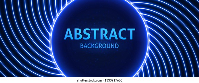 Neon powerful beams creates a circular area in the center for your text, copy space. Modern Blue vector background.