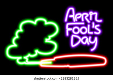 Neon prank fart pillow on black background. April Fools vector illustration.