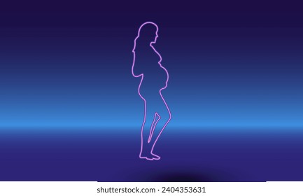 Neon pregnant woman symbol on a gradient blue background. The isolated symbol is located in the bottom center. Gradient blue with light blue skyline