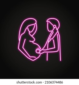 Neon Prenatal Checkup Icon In Line Style. Pregnant Woman And Doctor With Stethoscope Symbol. Vector Illustration.