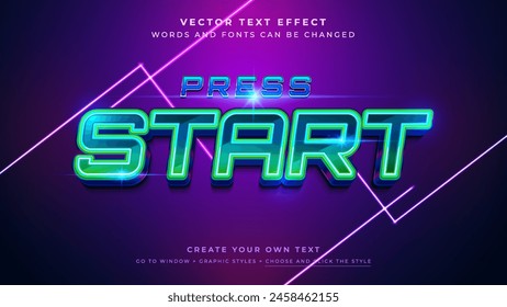 Neon press start text effect on blue purple background, vector graphic styles