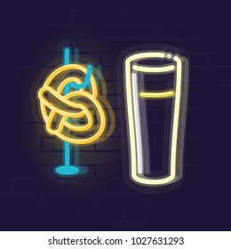 Neon pretzel and wheat beer. Traditional German or Bavarian meal. High beer glass for wheat hefeweizen german beer. Soft pretzel on hook. Isolated geometric style illustration on brick wall background