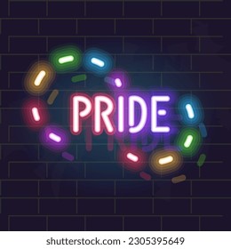 Neon pride lettering. Illuminated rainbow word on dark wall background.
