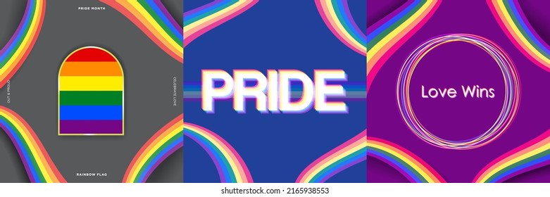 Neon Pride Month Rainbow cards  Disco  Neon  pride typography  Fluid pride rainbow waves  Rainbow flag Love wins  Vector  For LGBTQ Pride month   inclusivity  For posters  cards  web  social media