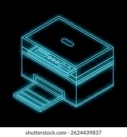 Impressora de néon brilhando no escuro, representando tecnologia moderna e equipamento de escritório