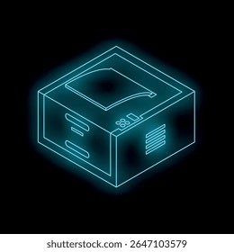 Impressora de néon iluminando um espaço de escritório escuro, simbolizando inovação e tecnologia em soluções de impressão