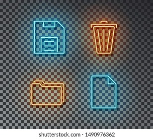 Neon program interface signs vector isolated on brick wall. Save, delite, new file, catalog light symbol, decoration effect. Neon computer illustration.