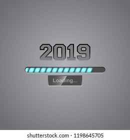 Neon progress bar showing loading of 2019 New Year. Vector background.