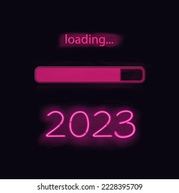 Neon progress bar showing loading of 2023 New Year. Vector background.