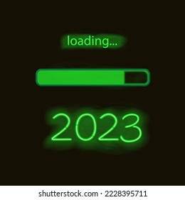 Neon progress bar showing loading of 2023 New Year. Vector background.