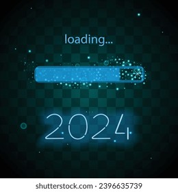 Neon progress bar showing loading of 2024 New Year. Vector background.