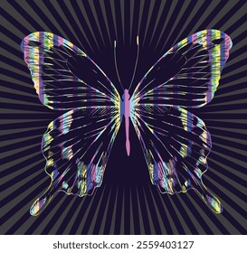 Neon Psychedelic Butterfly Glitch Art Illustration in Futuristic Vector Design