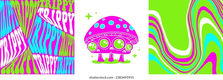 Neon psychedelic cards set with Fantasy magic mushroom with eyes and trippy backgrounds. Vector Toxic luminous mushroom characters from fairy tale, amanita. fantastic fungus with eye. Vector