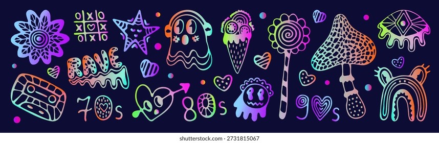 Neon psychedelic doodle handgezeichnete Vektorgrafik-Set. Ultrasaures holografisches Leuchten, isolierte Symbole. Pilze, Augen, Herzen, Geister, skurrile Charaktere. Hologramm Gradient Groovy Retro Cliparts