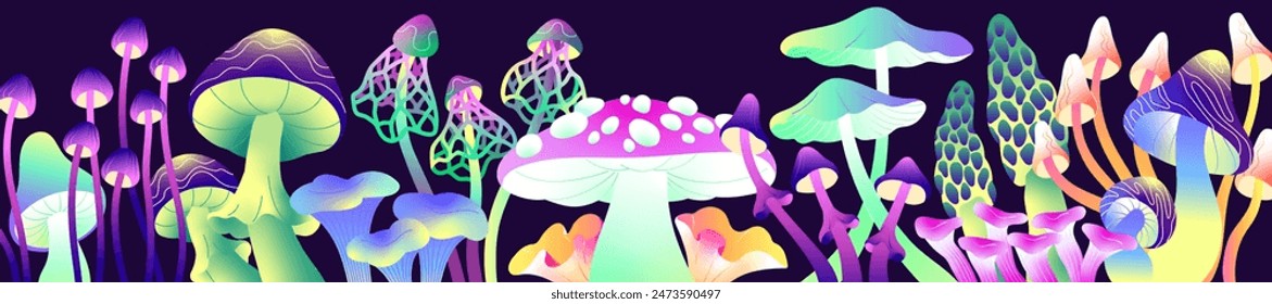 Neon psychedelic mushrooms on horizontal banner. Background with different psilocybin boletus. Trippy, poisonous boletes. Magic, toxic plants. Hallucinogenic forest fungus. Flat vector illustration