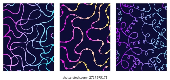 Líneas onduladas psicodélicas de neón, tríptico dibujado a mano de Vector con tres tarjetas oscuras. Líneas trenzadas de gradiente de holograma, resplandor holográfico ultra ácido. Clipart retro de Vector con Formas abstractas