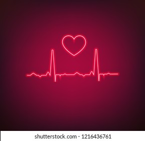 Neon pulse vector sign. Neon heart. Red neon heart, symbol of health and medicine
